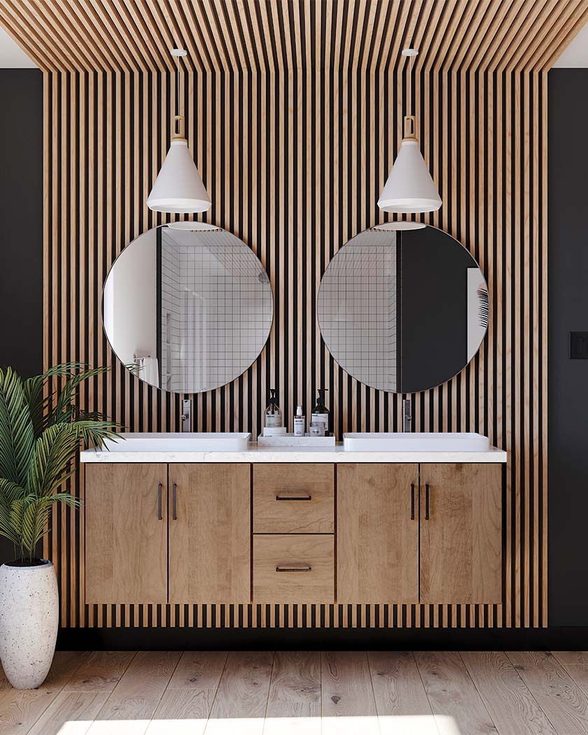 Contemporary bathroom featuring wall-hung vanity in Wicker finish