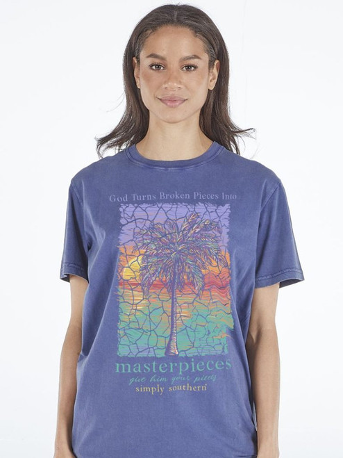 Simply Southern Broken Pieces To Masterpieces Palm T-Shirt - Washed Navy
