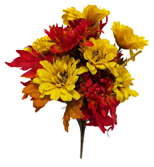 Red-Orange Gold Zinnia Daisy Bush W/ Autumn Leaves