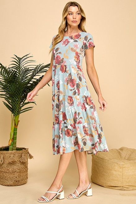 Boho Tiered Short Sleeve Midi Dress - Floral Print Boho Tiered Short Sleeve Midi Dress - Floral Print