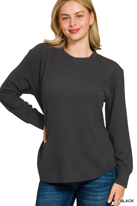 Corded Knit Crewneck with Curved Hem Corded Knit Crewneck with Curved Hem
