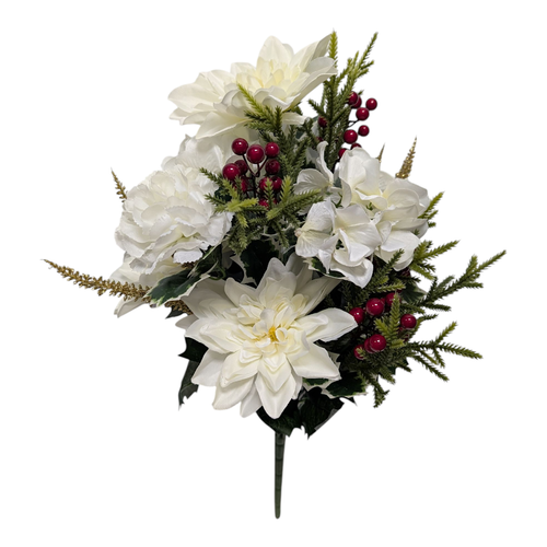 Cream Dahlia Hydrangea Holly Bush with Red Berries Cream Dahlia Hydrangea Holly Bush with Red Berries