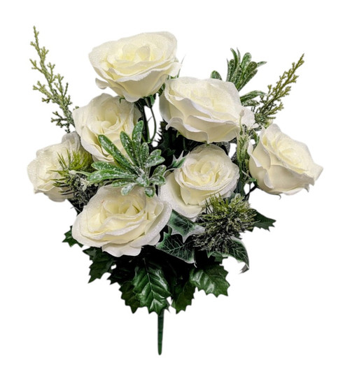 Frosted White Rose, Holly & Pine Bush Frosted White Rose, Holly & Pine Bush