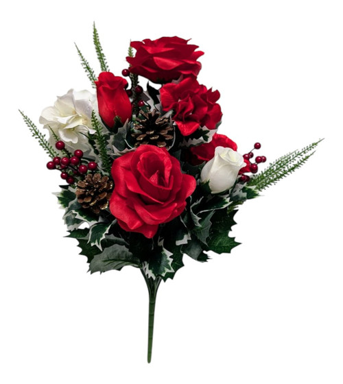 Red and White Rose, Hydrangea, Holly, and Pinecone Bush Red and White Rose, Hydrangea, Holly, and Pinecone Bush