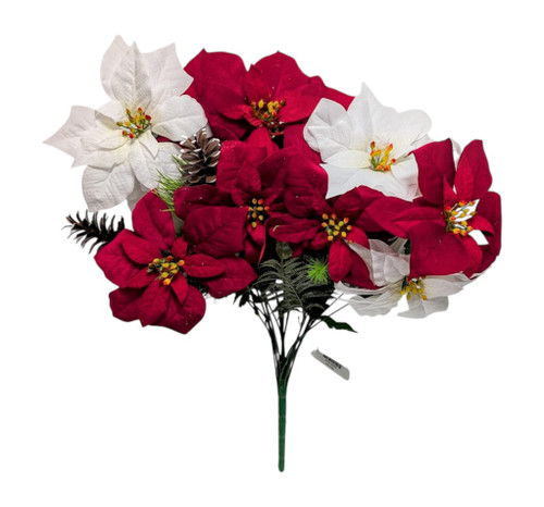 Large Red & White Poinsettia Bush with Pinecones & Holiday Greenery Accents Large Red & White Poinsettia Bush with Pinecones & Holiday Greenery Accents