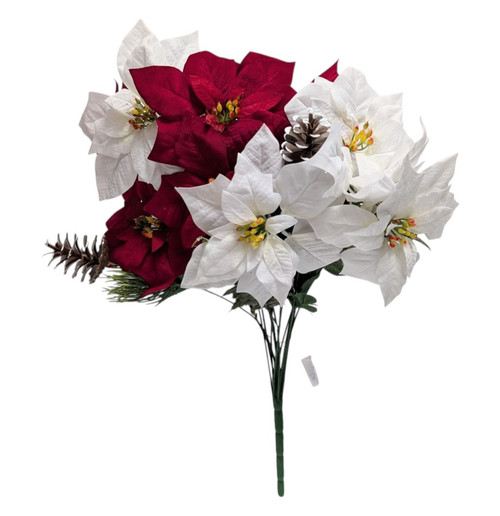Large Red & White Poinsettia Bush with Pinecones & Holiday Greenery Accents Large Red & White Poinsettia Bush with Pinecones & Holiday Greenery Accents