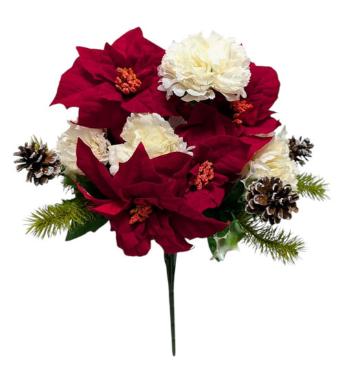 Red Poinsettia and White Carnation Bush with Pinecones Red Poinsettia and White Carnation Bush with Pinecones