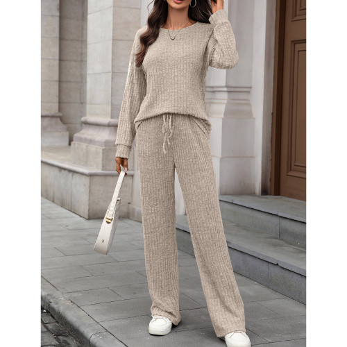 Soft Ribbed Knit Lounge Set: Wide Leg Pants & Pullover Top (Separates)