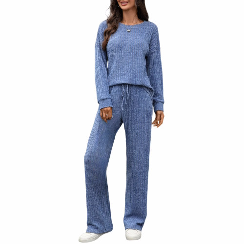 Soft Ribbed Knit Lounge Set: Wide Leg Pants & Pullover Top (Separates)