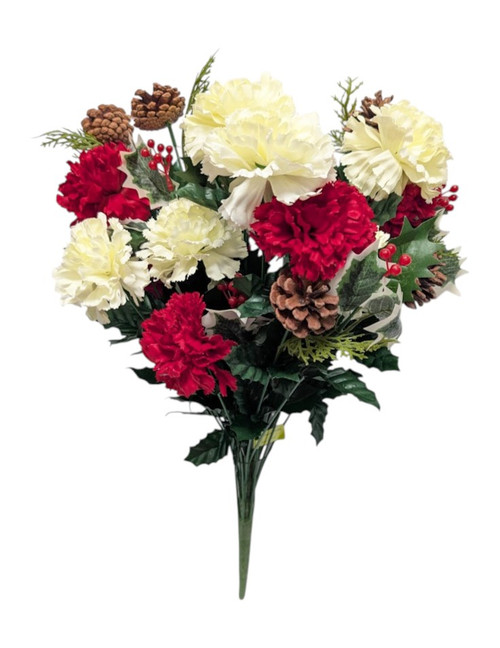 Red and Ivory Carnation Bouquet with Pinecones & Holly Red and Ivory Carnation Bouquet with Pinecones & Holly
