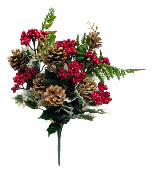 Glitter Gold Pinecone & Red Berry Floral Bush