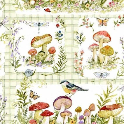 Mushroom, Bird, & Dragonfly Gingham Panel Cotton Fabric by Susan Winget