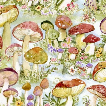 Lush Watercolor Mushroom Forest Cotton Fabric by Susan Winget