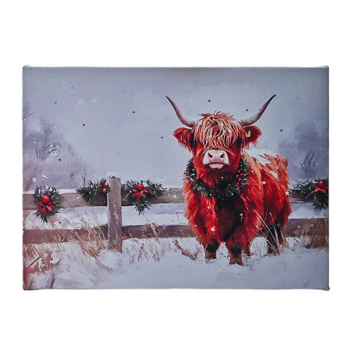 Light Up Highland Cow Christmas Canvas Tabletop Art Light Up Highland Cow Christmas Canvas Tabletop Art