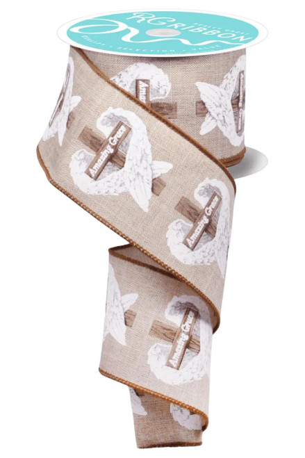 2.5" Amazing Grace Cross & Angel Wings Wired Ribbon (Canvas Style)