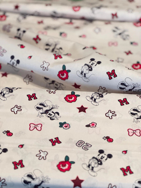 OFFICIALLY LICENSED Disney Mickey and Minnie Icons Cotton Fabric – Navy & Red Floral Stars on White