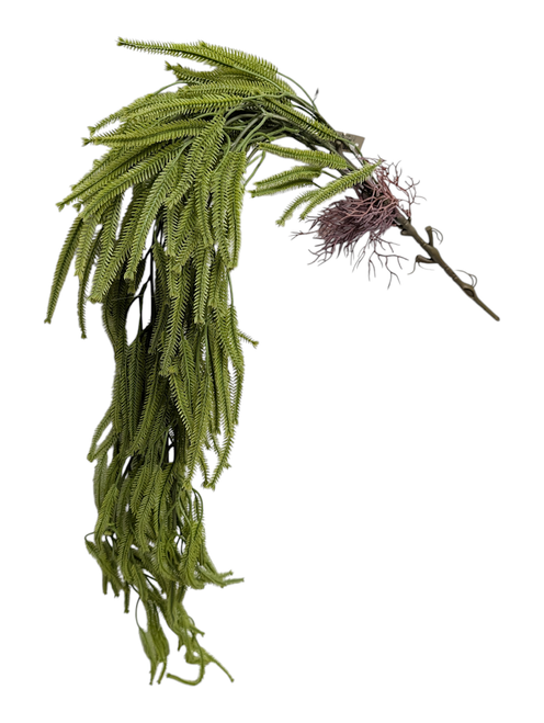 32" Feathered Moss Hanging Bush - Earthy Green with Mauve Accents