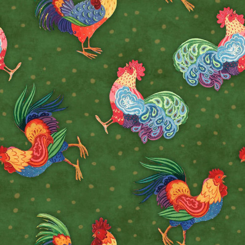 Playful Farmhouse Rooster Toss on Textured Green Cotton by Susan Winget