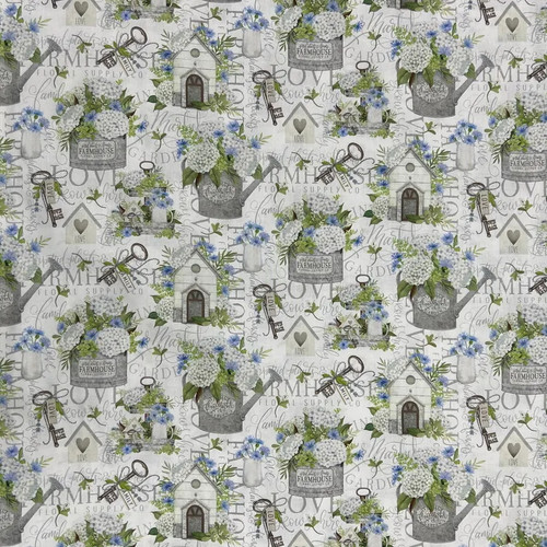 Love Grows Here Farmhouse Cotton Fabric - Blue Hydrangea Watering Can Print