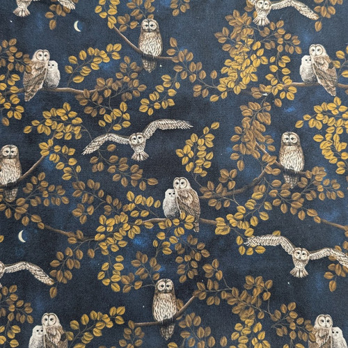 Night Owl in Night Blue: Woodland Owl & Golden Leaf Digital Print Fabric