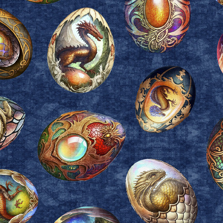 Dragon Fyre: Mythical Dragon Eggs Fabric in Royal Blue