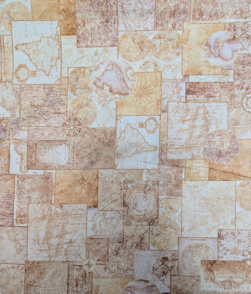 Globetrotter Map Collage Tan Cotton Fabric by QT Fabrics