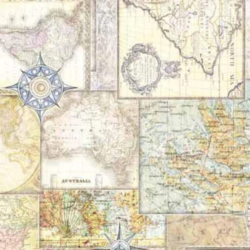 Globetrotter Map Collage Blue/Multi Fabric by QT Fabrics