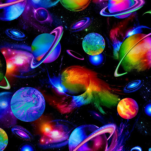 Bright Solar System Digital Cotton Fabric