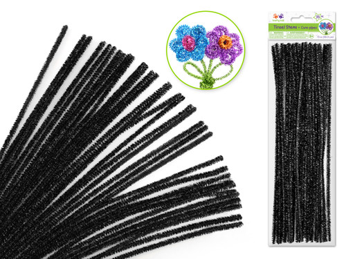 BLACK TINSEL GLITTER Premium 35-Count Chenille Stems - 6mm x 12"