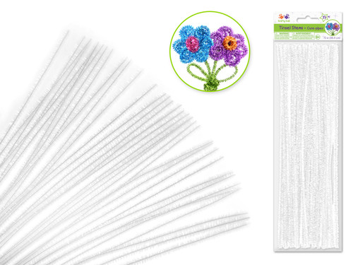 WHITE TINSEL GLITTER Premium 35-Count Chenille Stems - 6mm x 12"
