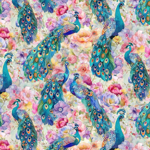 Peacocks on Floral Digital Print Cotton Fabric