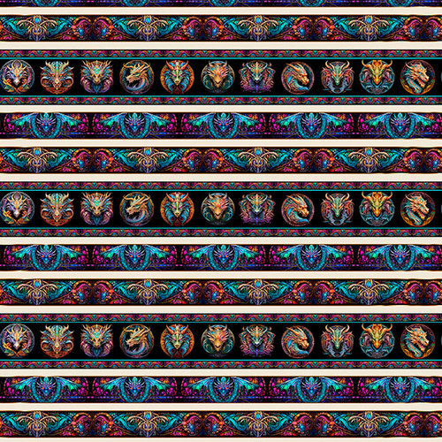 Dragon's Song Stained Glass Dragon Border Stripe Cotton Fabric