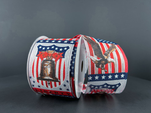 A 2.5 inch wide roll of linen-textured wired ribbon featuring the Liberty Bell and an American eagle among patriotic stripes and stars.