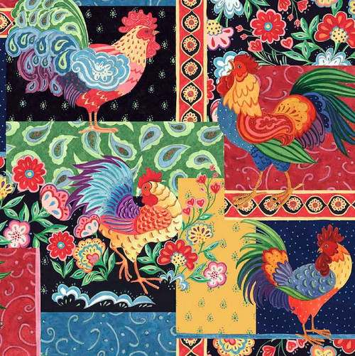 Watercolor Artisan Rooster Patchwork Cotton by Susan Winget