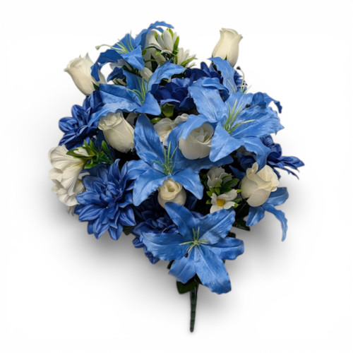 29" Lily Dalia Rose Bud Bush: Extra Full Blue & White Bouquet