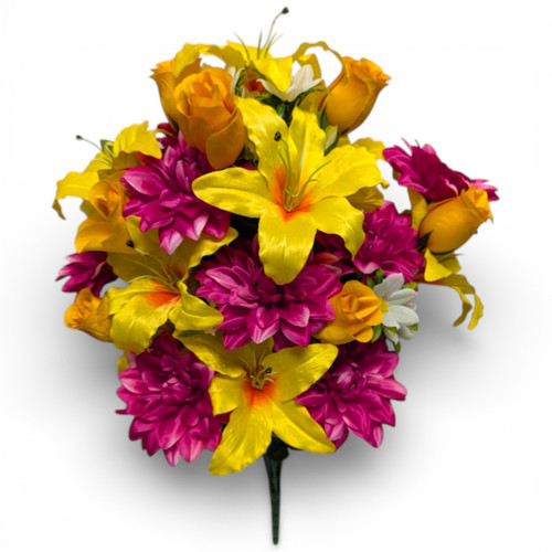 29" Lily Dalia Rose Bud Bush: Extra Full Fuchsia & Yellow Bouquet