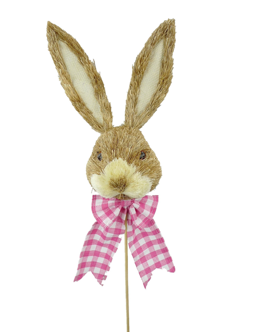 23-inch Bunny Head Easter Pick – Natural Straw Rabbit with Pink Plaid Bow