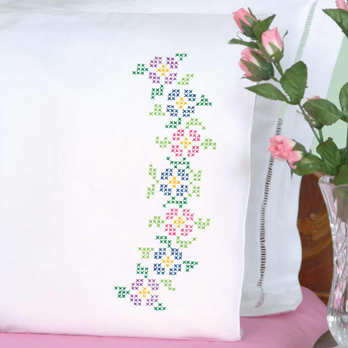Cross-Stitch Flowers Perle Edge Pillowcases