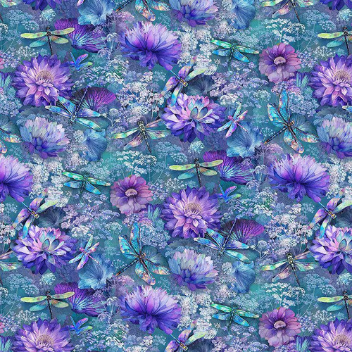 Close-up of Timeless Treasures CD3894 cotton fabric featuring a dense, whimsical pattern of iridescent blue and green dragonflies flying over large purple dahlias and white lace flowers on a textured teal and sapphire blue background.
