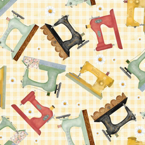 Yellow Plaid Vintage Sewing Machines Cotton Fabric by Beth Albert