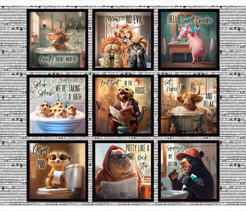 "Please Seat Yourself " Animals in Bathtubs & On Toilets 36" Fabric Panel