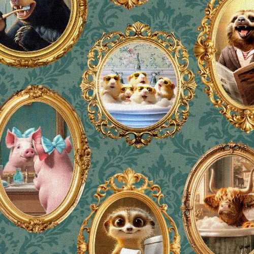 "Please Seat Yourself " - All Framed Up: Teal ~ Funny Animal Bathroom Humor Fabric