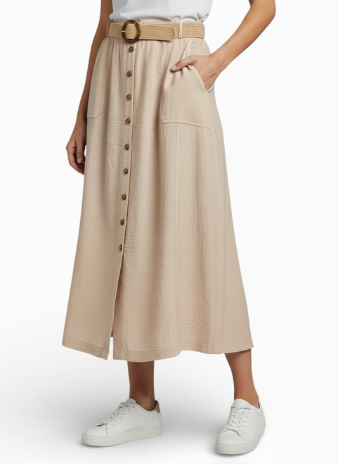 Pull On A-Line Belted Button Front Skirt with Patch Pockets