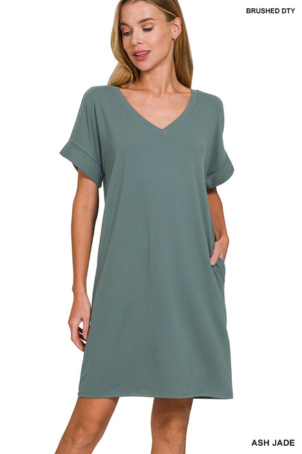 Brushed DTY (Drawn Textured Yarn) Rolled Short Sleeve V- Neck Dress