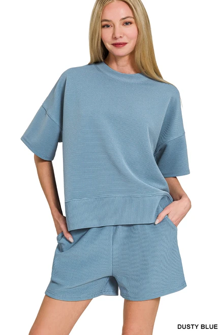 Ribbed Round Neck Waist Banded Tee & Shorts Set ~ Each Piece Sold Separately