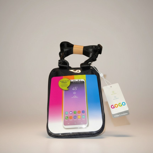 Shed Rain Gogo Chloe waterproof phone crossbody bag in colorful rainbow stripe pattern, 7x5 inches, ideal for beach and cruise travel