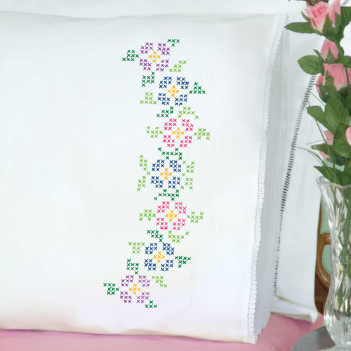 Cross-Stitch Flowers Lace Edge Pillowcases