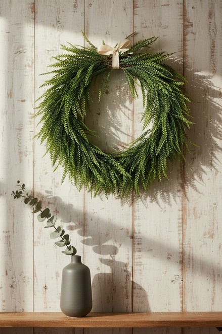 24" Faux Green Bead Grass Wreath - Realistic Fern-Style Spring and Summer Door Decor