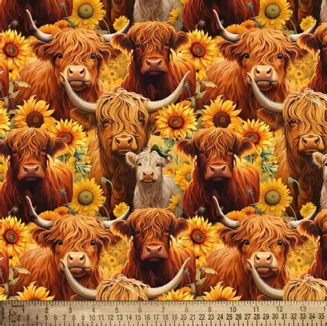 Whimsical Highland Cows and Sunflowers Cotton Fabric - David Textiles