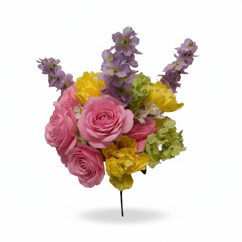 Vibrant floral bouquet featuring pink roses, purple stock, yellow ranunculus, and green hydrangea against a white background